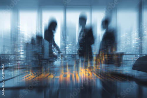 Silhouette of a diverse team of business people in a bustling city, representing corporate success and global teamwork