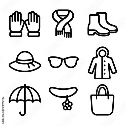 Seasonal Fashion Icons. Solid, filled icon set of seasonal fashion accessories: winter gloves, woolen scarf, leather boots, sunhat