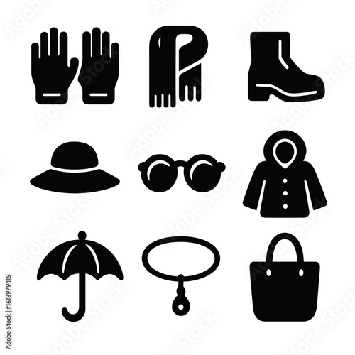 Seasonal Fashion Icons. Solid, filled icon set of seasonal fashion accessories: winter gloves, woolen scarf, leather boots, sunhat