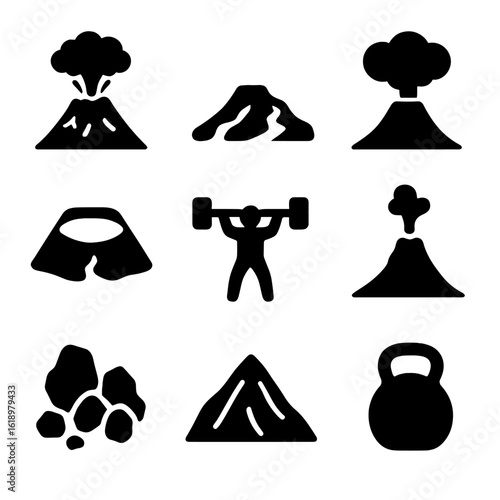 Icon Sets Collection. Solid, filled icon set of gym workout: barbell, squat rack, gym floor, dumbbells, weight plates, weight