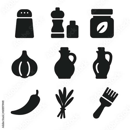 Shashlik Spice Icons. Solid, filled icon set of shashlik spices and marinades: salt shaker, pepper mill, spice jar, garlic bulb,