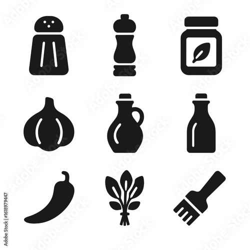 Shashlik Spice Icons. Solid, filled icon set of shashlik spices and marinades: salt shaker, pepper mill, spice jar, garlic bulb,