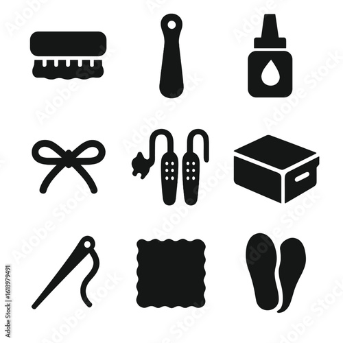 Shoe Care Icons. Solid, filled icon set of shoe care and maintenance: shoe brush, shoe horn, shoe glue, replacement ribbons, shoe