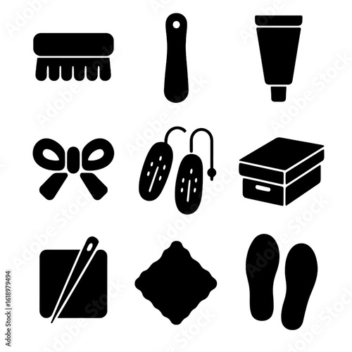 Shoe Care Icons. Solid, filled icon set of shoe care and maintenance: shoe brush, shoe horn, shoe glue, replacement ribbons, shoe