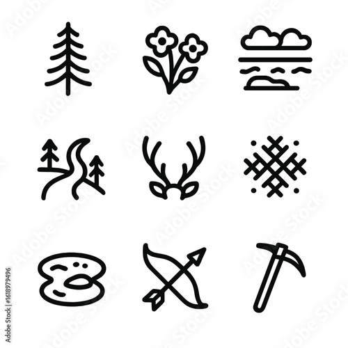 Siberia Icon Set. Solid, filled icon set of Siberia: Siberian larch, tundra flowers, frozen bay, snow-covered trail, reindeer