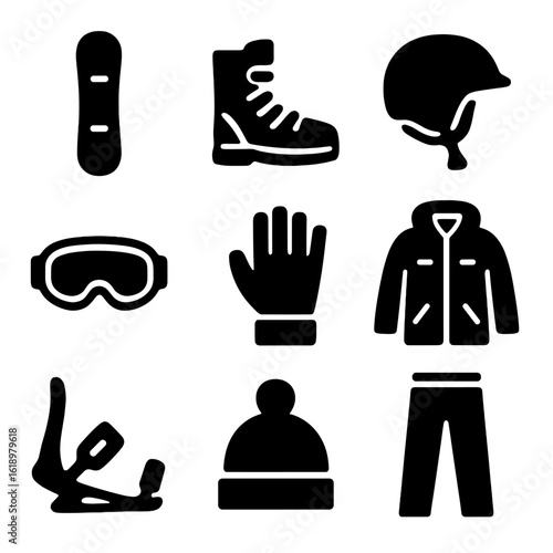 Snowboarding Gear Icons. Solid, filled icon set of snowboarding gear: snowboard, boots, helmet, goggles, gloves, jacket, bindings,