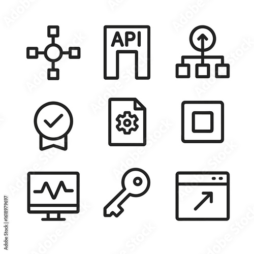 Software Icons Grid. Outline icon set of keystone software components: central service, API gateway, load balancer, auth token,