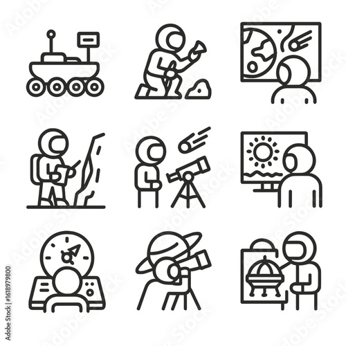 Space Career Icons. Solid, filled icon set of space exploration careers: planetary rover driver, space archaeologist,
