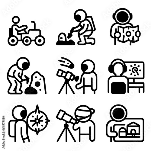 Space Career Icons. Solid, filled icon set of space exploration careers: planetary rover driver, space archaeologist,