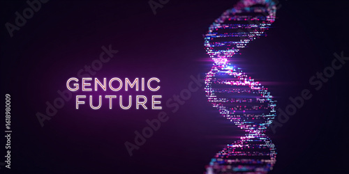 Abstract DNA strand with Genomic Future text, representing genetic research and biotechnology innovation in a futuristic, digital environment