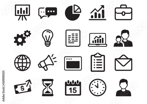 Collection of business and finance icons on a white background