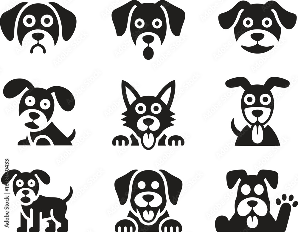 Fototapeta premium Dog Face Cartoon Vector Set – Cute Puppy Icon, Animal Pet Clipart, Kids, Smile, Character Art
