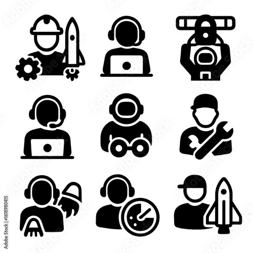 Space Operations Icon Set. Solid, filled icon set of space vehicle operations: launch engineer, mission control technician,