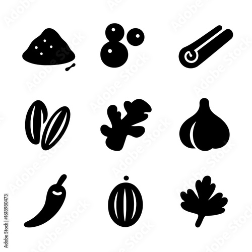 Spice Icon Grid. Solid, filled icon set of spices and seasonings: turmeric powder, black pepper, cinnamon stick, cumin seeds,