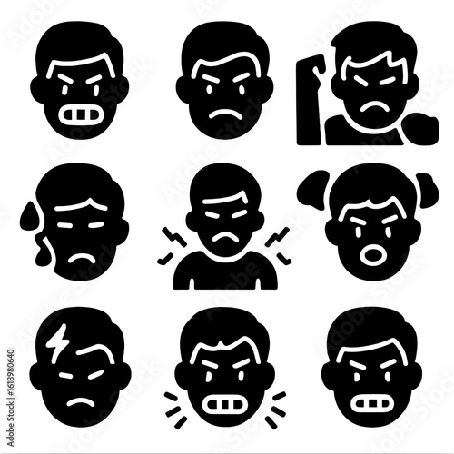 Stress Expression Icons. Solid, filled icon set of expressions in stressful situations: clenched teeth, tight jaw, furrowed brows,