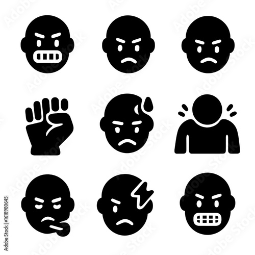 Stress Expression Icons. Solid, filled icon set of expressions in stressful situations: clenched teeth, tight jaw, furrowed brows,