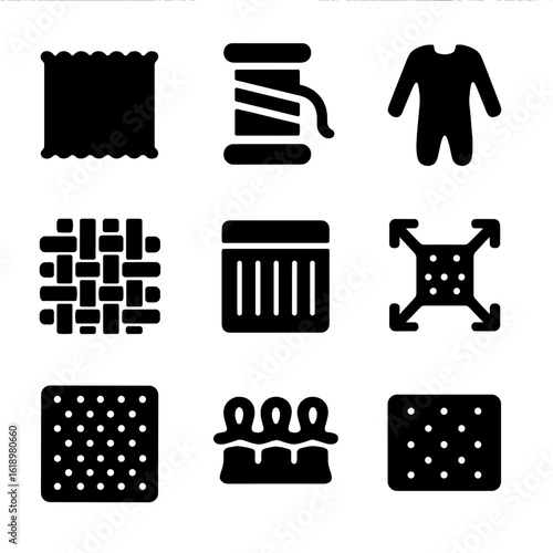 Stretchy Textiles Icons. Solid, filled icon set of stretchy textiles: jersey cloth, elastane thread, lycra suit, woven elastic,
