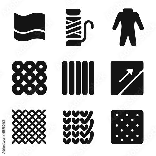 Stretchy Textiles Icons. Solid, filled icon set of stretchy textiles: jersey cloth, elastane thread, lycra suit, woven elastic,