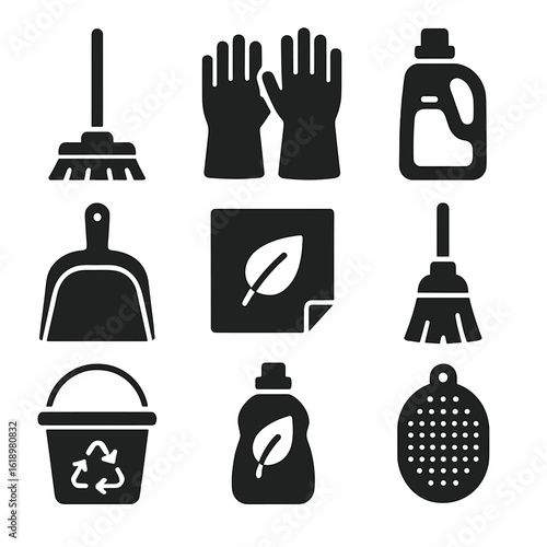 Sustainable Cleaning Icon Set. Solid, filled icon set of sustainable cleaning tools: wooden mop, compostable gloves, refillable