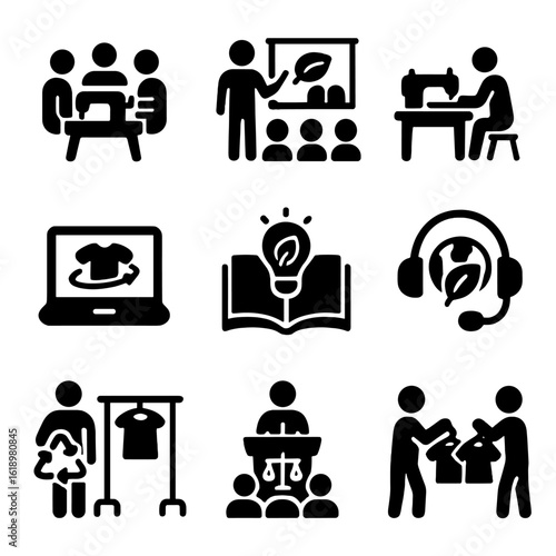 Sustainable Fashion Icons. Solid, filled icon set of sustainable fashion education: workshop, sewing class, eco lecture, fashion