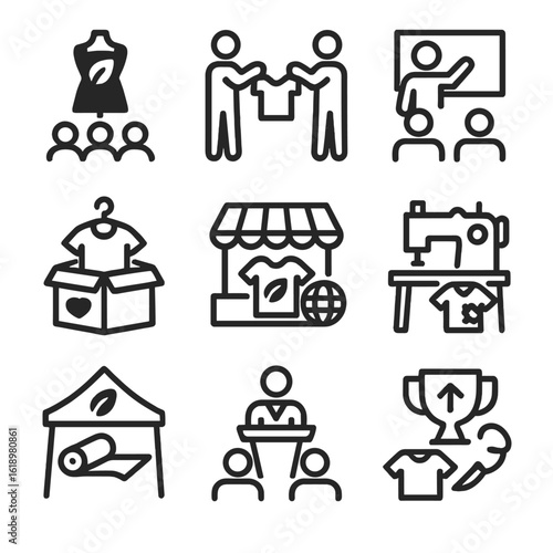 Sustainable Fashion Icons. Solid, filled icon set of Sustainable fashion events: eco-fashion show, swap meet, sustainable workshop