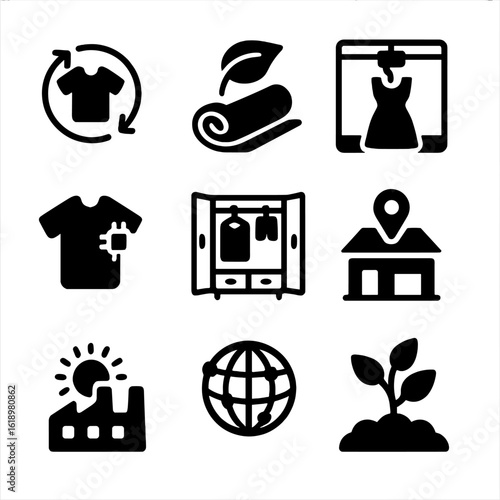 Sustainable Fashion Icons. Solid, filled icon set of Sustainable fashion future trends: circular fashion, biodegradable textiles,