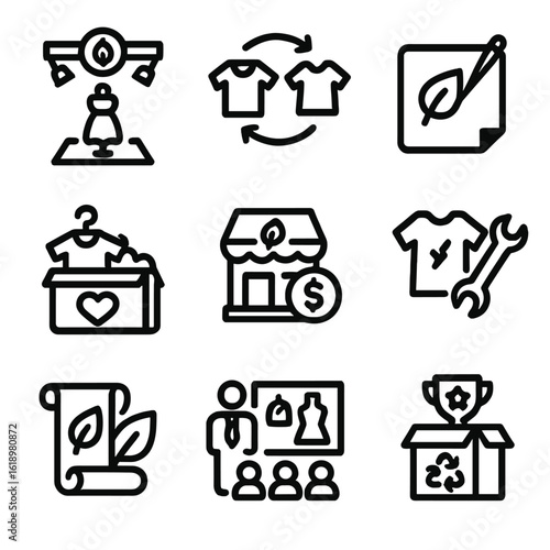 Sustainable Fashion Icons. Solid, filled icon set of Sustainable fashion events: eco-fashion show, swap meet, sustainable workshop