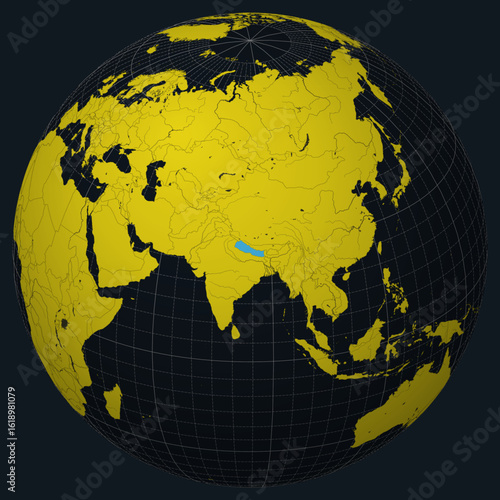 Nepal on Globe. Country view on the world map in Charcoal Bright Yellow color palette. Nepal shape on map. Globe with meridians, parallels, countries, rivers and lakes. Alive vector illustration.
