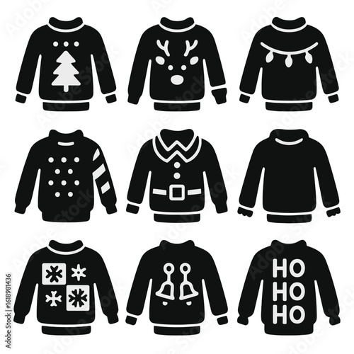 Ugly Christmas Sweaters Icons. Solid style icons of ugly Christmas sweaters: sweater with tree pattern, reindeer face knit,