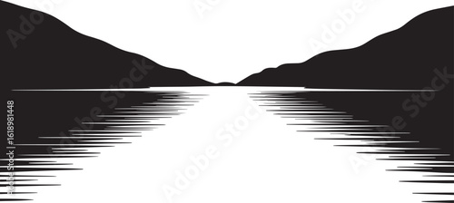 Serene Lake Landscape Silhouette with Mountain Reflections Vector Illustration for Nature Designs