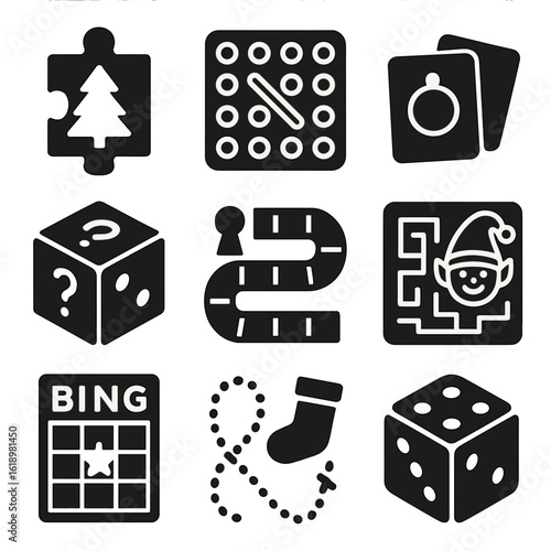 Christmas Game Icons. Solid style icons of Christmas-themed puzzles and board games: jigsaw piece with tree, festive word search,