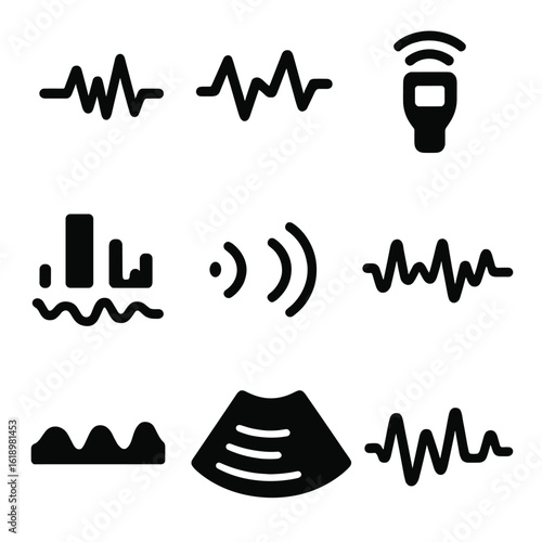 Ultrasound Wave Icons. Solid style icons of ultrasound and medical wave: diagnostic pulse wave, fetal heartbeat waveform,