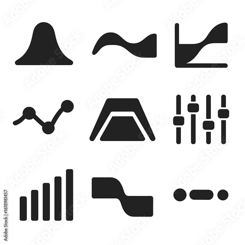 EQ Icons and Filters. Solid style icons of frequency bands and EQ zones: sub-bass bump, low midrange wave, high shelf curve,