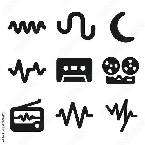 Retro Soundwave Icons. Solid style icons of retro and analog wave patterns: vinyl hiss line, tape warble shape, analog decay curve