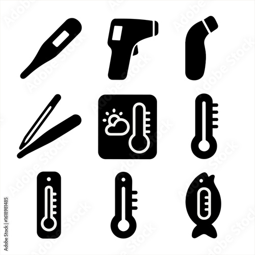 Assorted Thermometer Icons. Solid style icons of various types of thermometers: digital thermometer, mercury thermometer, infrared