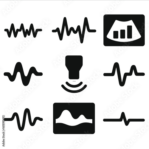 Ultrasound Wave Icons. Solid style icons of ultrasound and medical wave: diagnostic pulse wave, fetal heartbeat waveform,