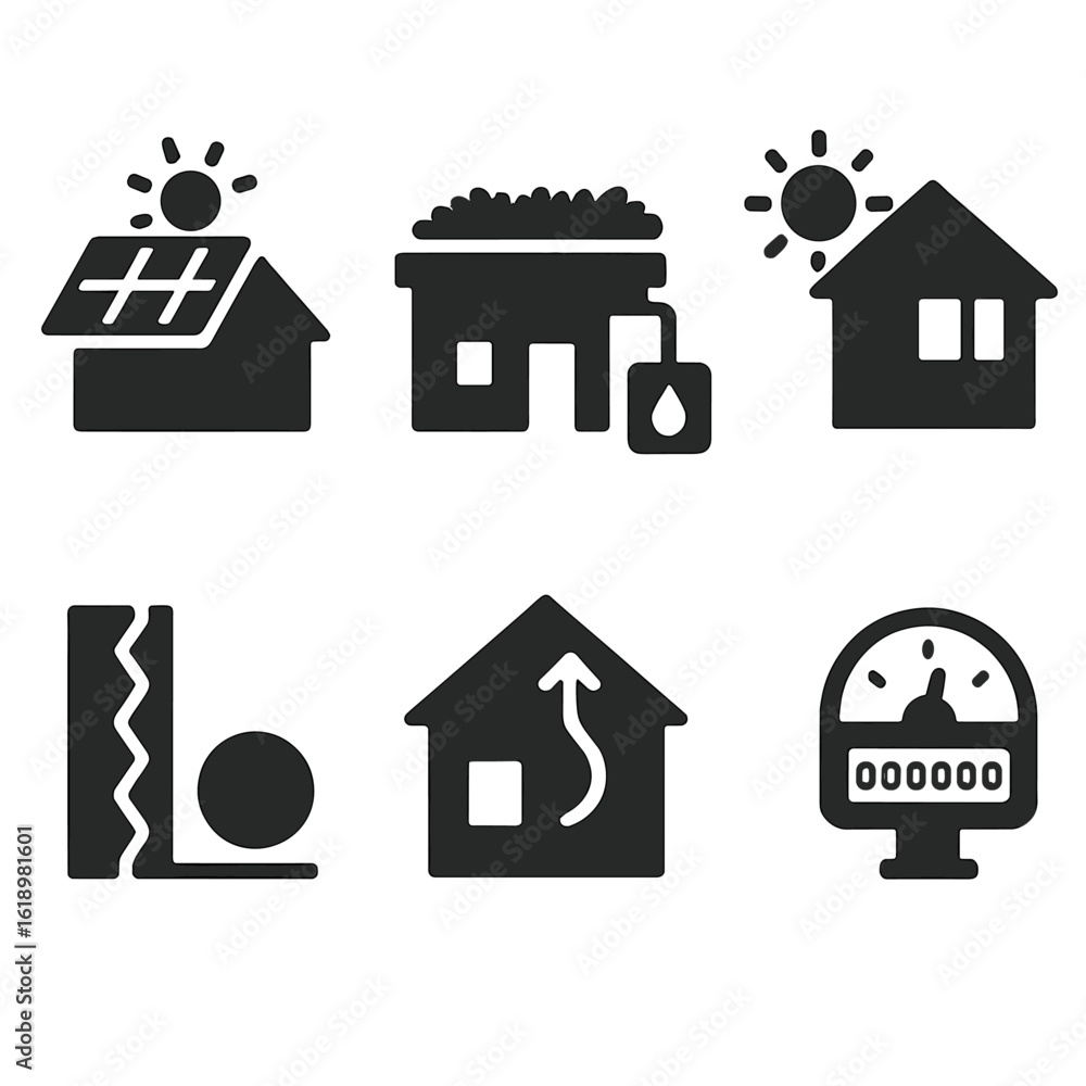 Green Building Feature Icons. Solid style icons of green building features: solar panel location, green roof plan, rainwater Green Building Feature Icons. Solid style icons of green building features: solar panel location, green roof plan, rainwater