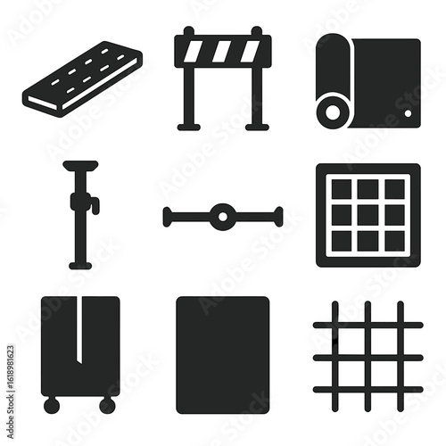 Temporary Construction Icons. Solid style icons of temporary construction materials: scaffolding plank, plastic barrier, tarp roll