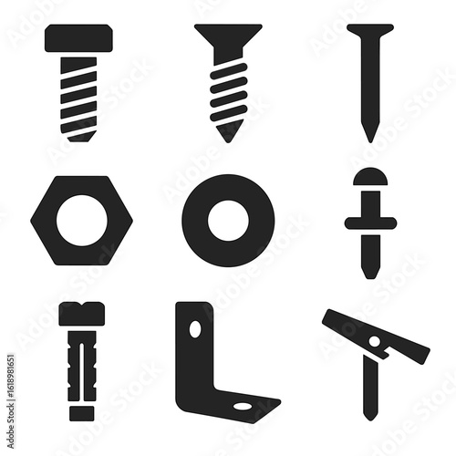 Fastening Elements Icons. Solid style icons of fastening and joining elements: bolt, screw, nail, nut, washer, rivet, anchor bolt,