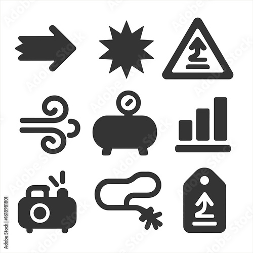Compressed Air Icons. Solid style icons of compressed air symbol sets: compressed air arrow, PSI burst symbol, high-pressure