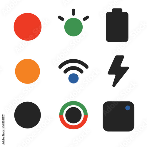 Iconic Charger Indicators. Solid style icons of LED status indicators on chargers: red charging LED, blinking green dot, full