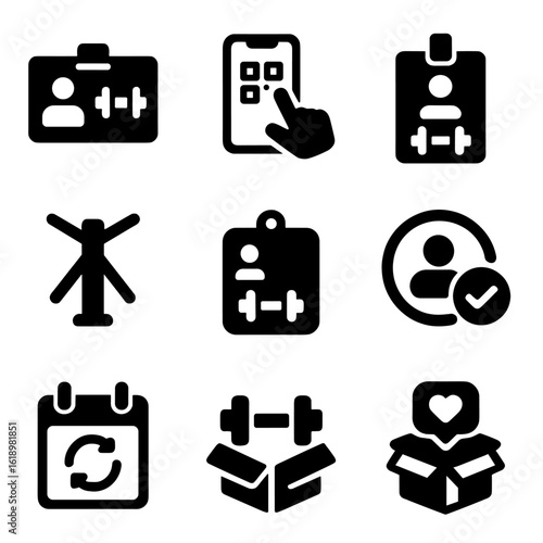 Gym Membership Icons. Solid style icons of gym membership and access: gym ID card, QR scan entry, member badge, access turnstile,