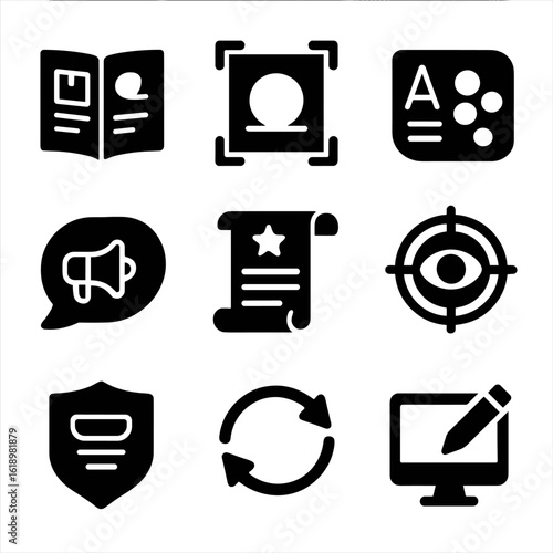 Corporate Identity Icons. Solid style icons of corporate identity and branding: brand guidebook, logo frame, font and color