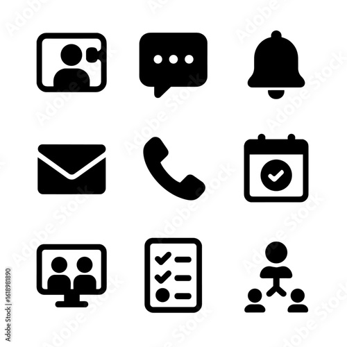 Tech Hub Icons. Solid, filled icon set of coworking tech hub communication tools: video call, chat app, notification bell, email,