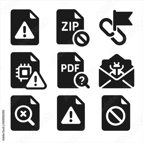 Suspicious File Icons. Solid style icons of suspicious content and file attachments: alert file icon, blocked zip attachment, link