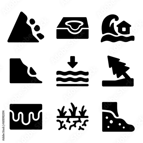 Thawing Consequences Icons. Solid, filled icon set of thawing consequences: landslide, sinkhole, flood wave, soil slump, water