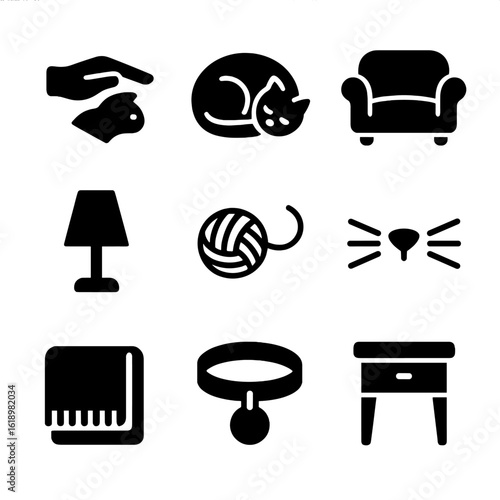 Tender Cat Care Icons. Solid, filled icon set of tender cat care: stroking hand, curled cat, plush couch, warm lamp, yarn ball,