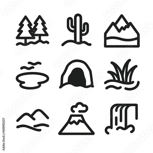 Terrain Icon Set. Solid, filled icon set of terrains in open-world adventure: forest, desert, mountain, lake, cave, swamp, plains,