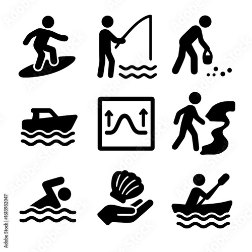 Tide Activity Icons. Solid, filled icon set of tide-related activities: surfing, fishing, beachcombing, boating, tide chart,