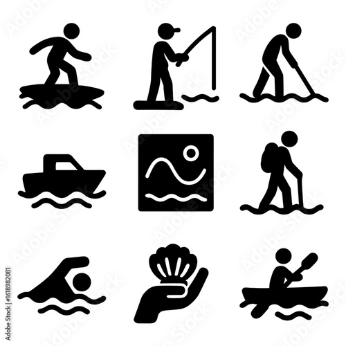 Tide Activity Icons. Solid, filled icon set of tide-related activities: surfing, fishing, beachcombing, boating, tide chart,